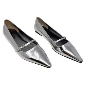 Prada Silver Metallic Leather Pointed Toe Mary Jane Flats 36